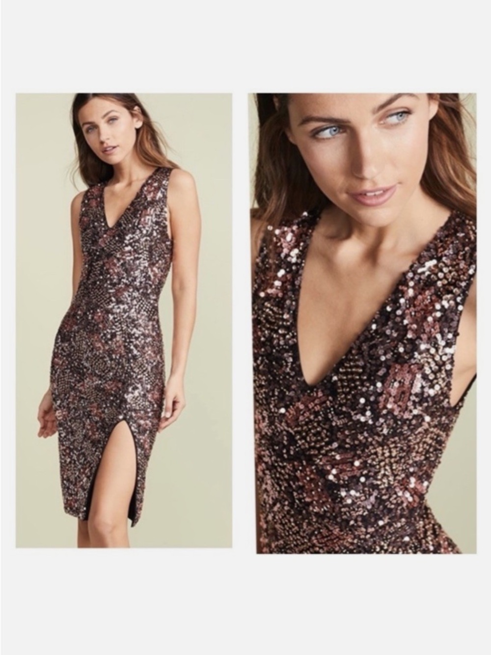 Alice + Olivia Natalie Rose Gold Sequin Dress V-Neck Midi Dress with slit